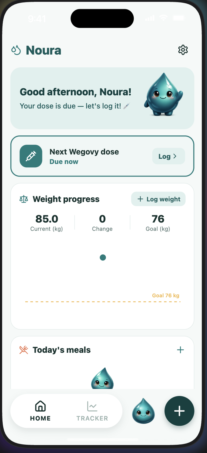 Noura app home screen showing dose reminders, weight progress and meals