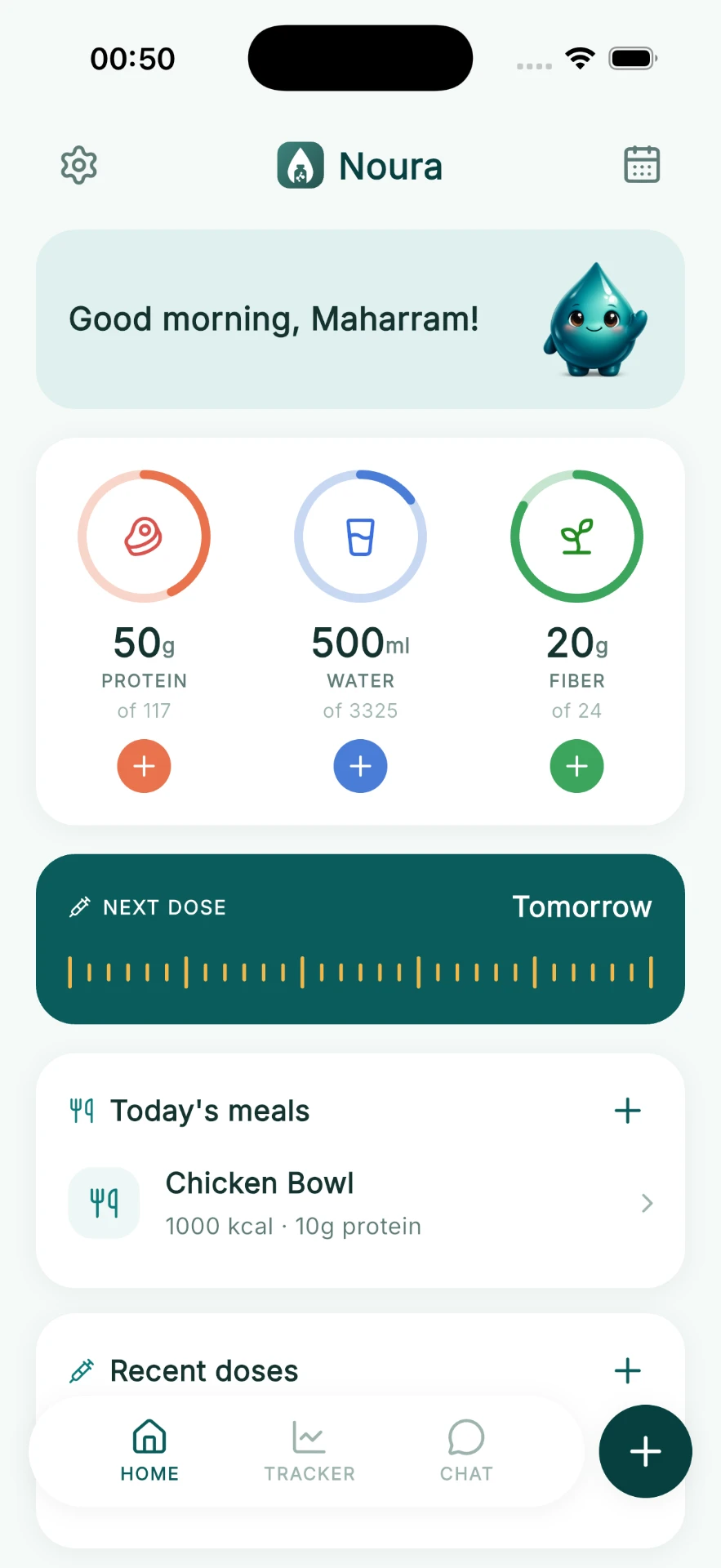 Noura app home screen showing dose reminders, weight progress and meals