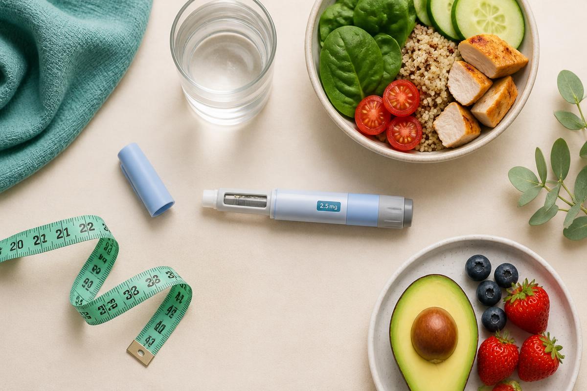 Injection pen, measuring tape and healthy meals